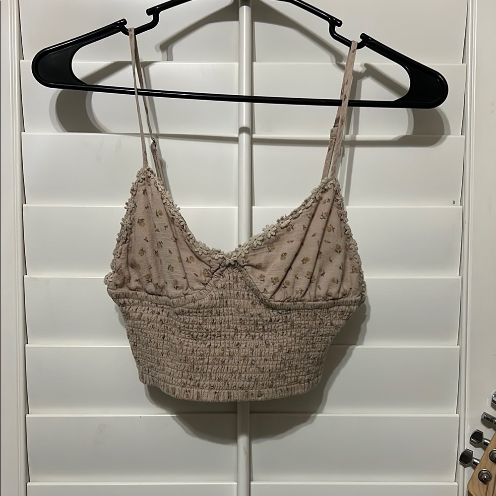 Beige Floral Smocked Crop Top